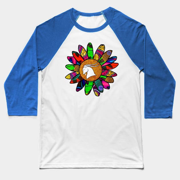 Capricorn Vibrant Retro Flower Baseball T-Shirt by artbyomega